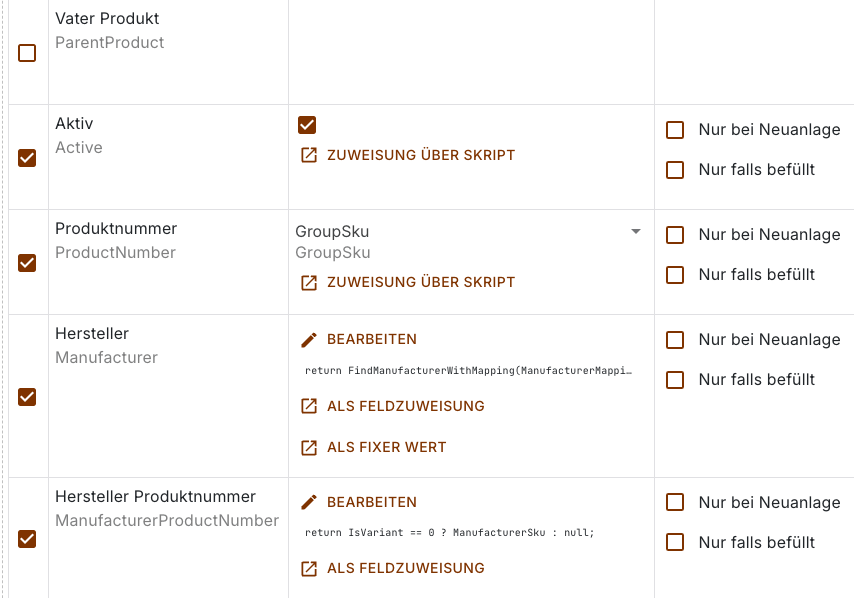 Fünf Zuweisungszeilen mit Feldzuweisung, Skript und den Schaltflächen zum Umstellen