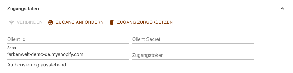 Bereich Zugangsdaten des Shopify-Kanals mit eingetragener Shop-Adresse und dem Hinweis Authorisierung ausstehend