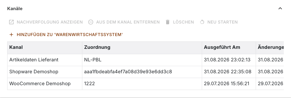 Bereich Kanäle eines Produkts mit einer Zeile je Kanal, der Zuordnung und den Zeitpunkten der letzten Ausführung