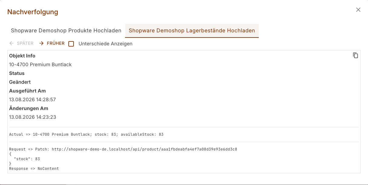 Dialog Nachverfolgung mit dem Register der Bestandsaufgabe und der übertragenen Bestandszahl im aufgehobenen Inhalt