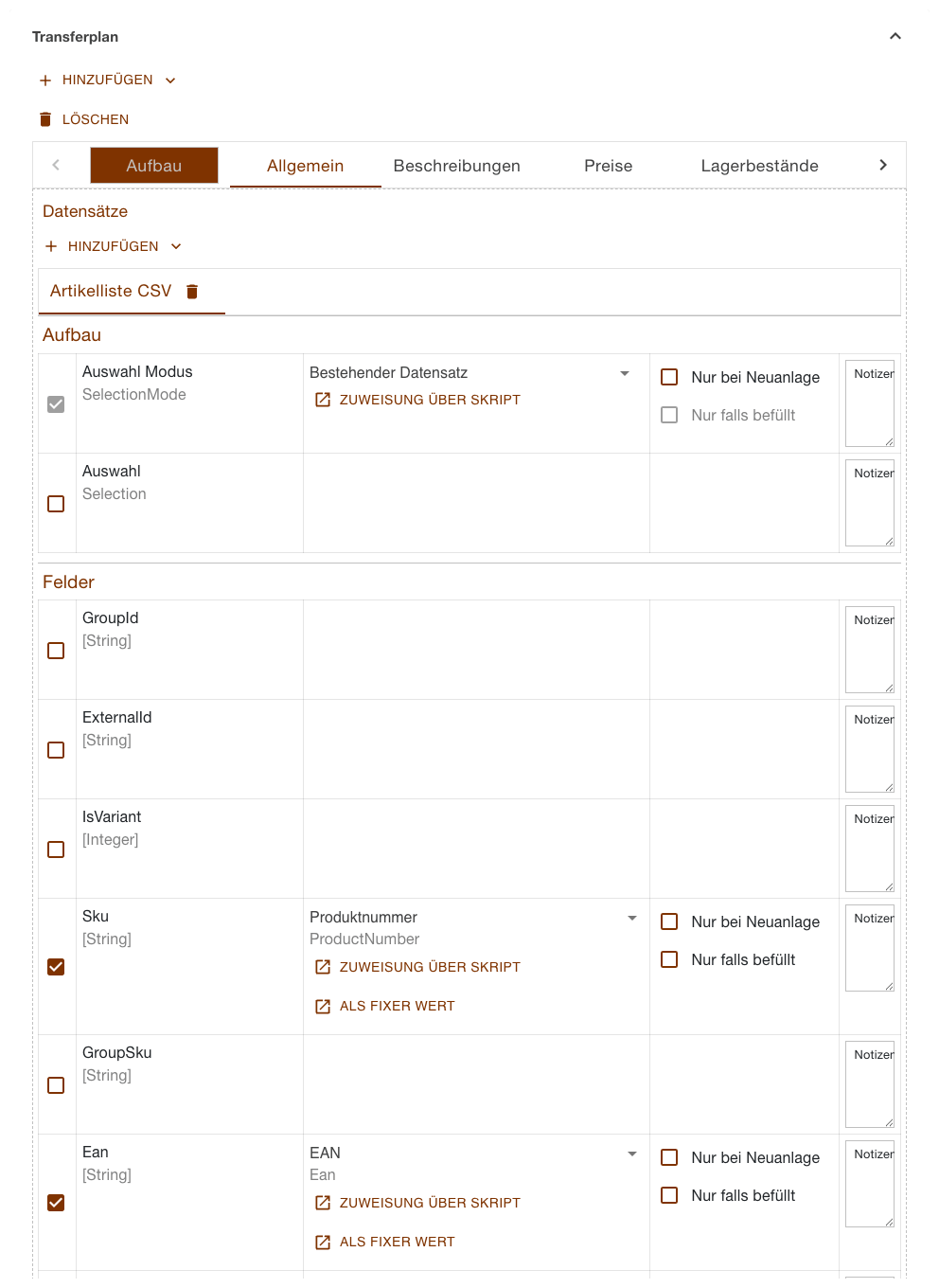 Abschnitt Allgemein eines Produktexports mit dem Datensatz Artikelliste CSV und den Spalten der Datei als Zeilen, zwei davon zugewiesen