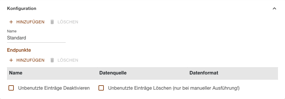 Bereich Konfiguration einer Importaufgabe mit der leeren Liste der Endpunkte und den beiden Kontrollkästchen für unbenutzte Einträge