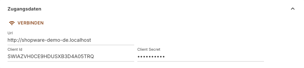 Bereich Zugangsdaten eines Shopware-Kanals mit Url, Client Id, Client Secret und der Schaltfläche Verbinden