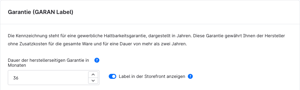 Karte "Garantie (GARAN Label)" im Shopware-Backend mit Garantiedauer und dem Schalter zur Anzeige in der Storefront