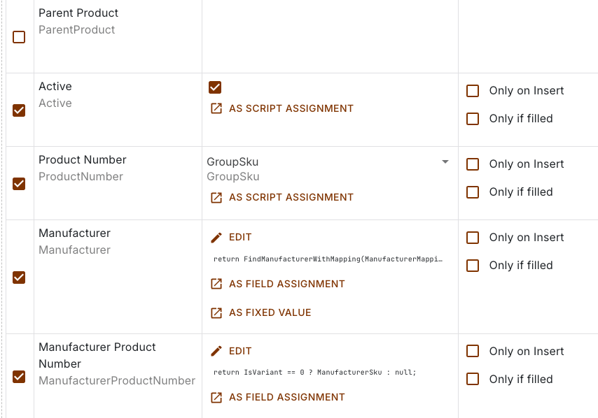 Five assignment rows with a field assignment, a script and the buttons for switching