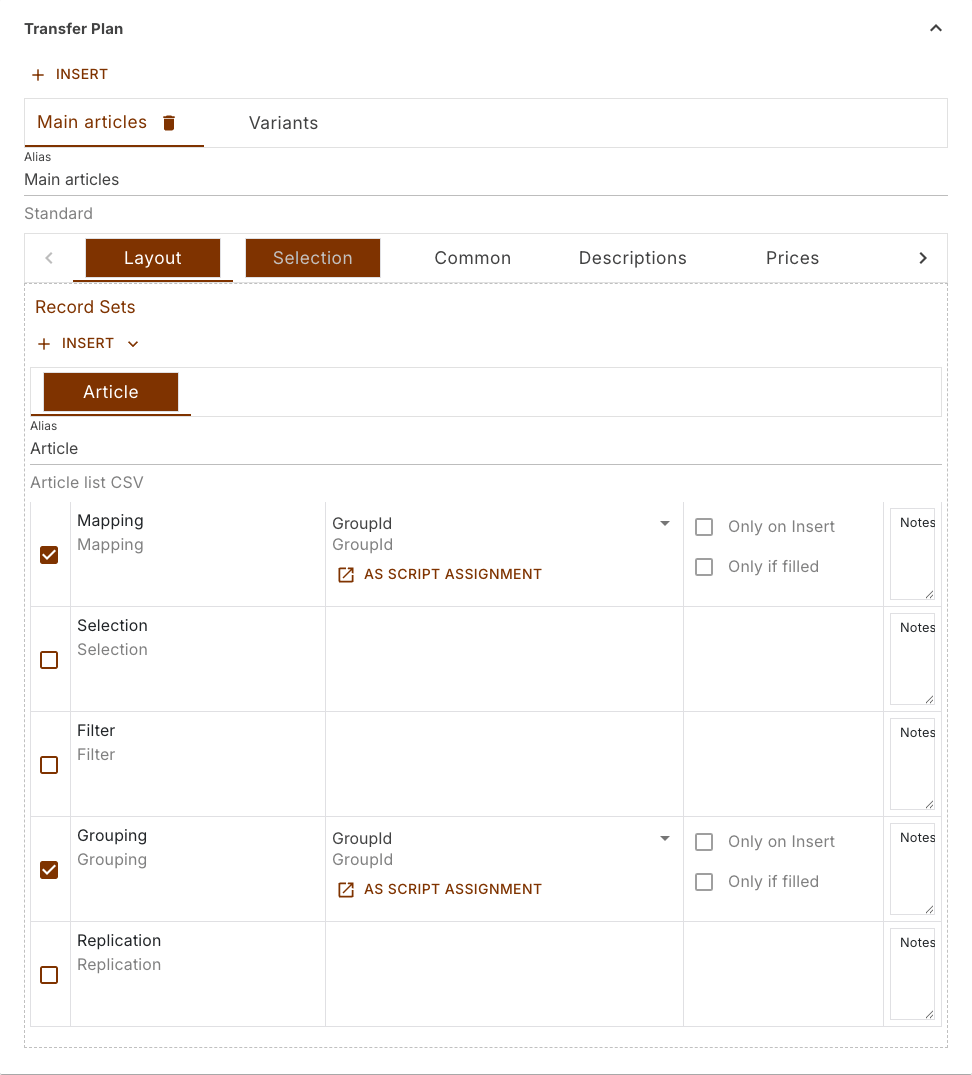 Layout section of the import plan with the Article list CSV record set, the mapping onto the GroupId column and the grouping