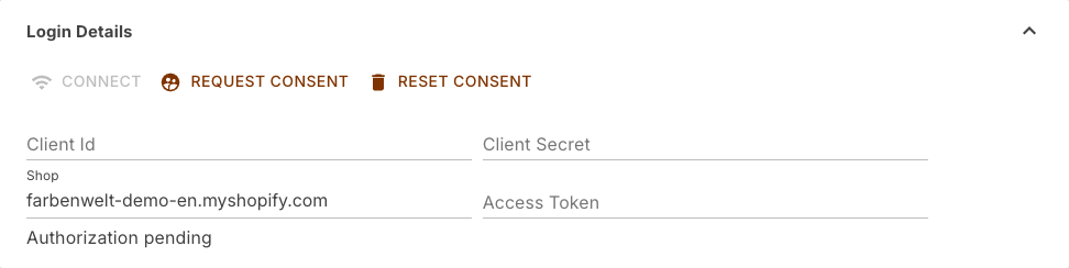 Login details section of the Shopify channel with the shop address entered and the note Authorization pending