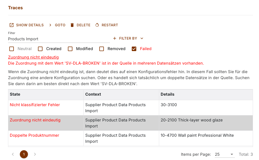 Traces filtered to the import task, with the selected failed row's message shown above the list