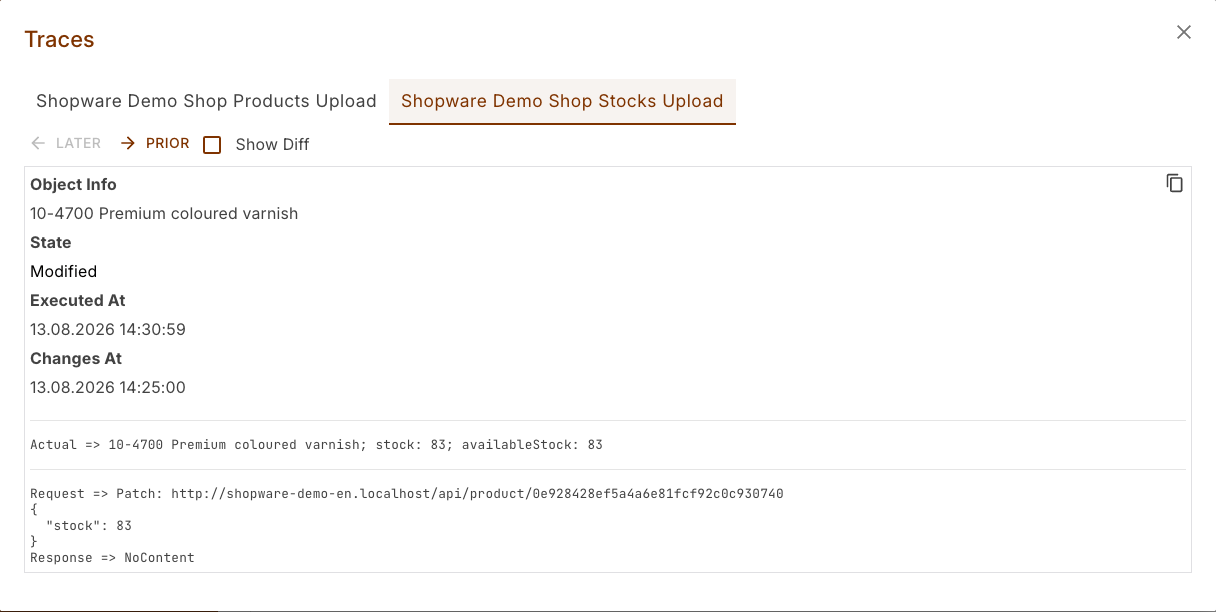 Traces dialog with the stock task's tab and the transferred stock figure in the kept content