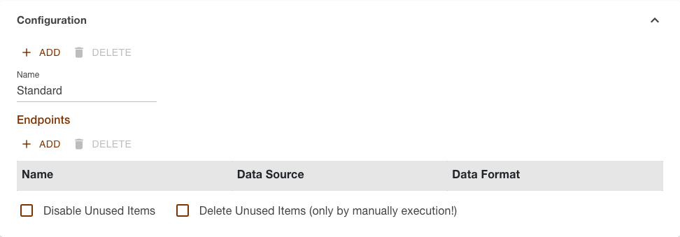 Configuration section of an import task with the empty endpoint list and the two checkboxes for unused items