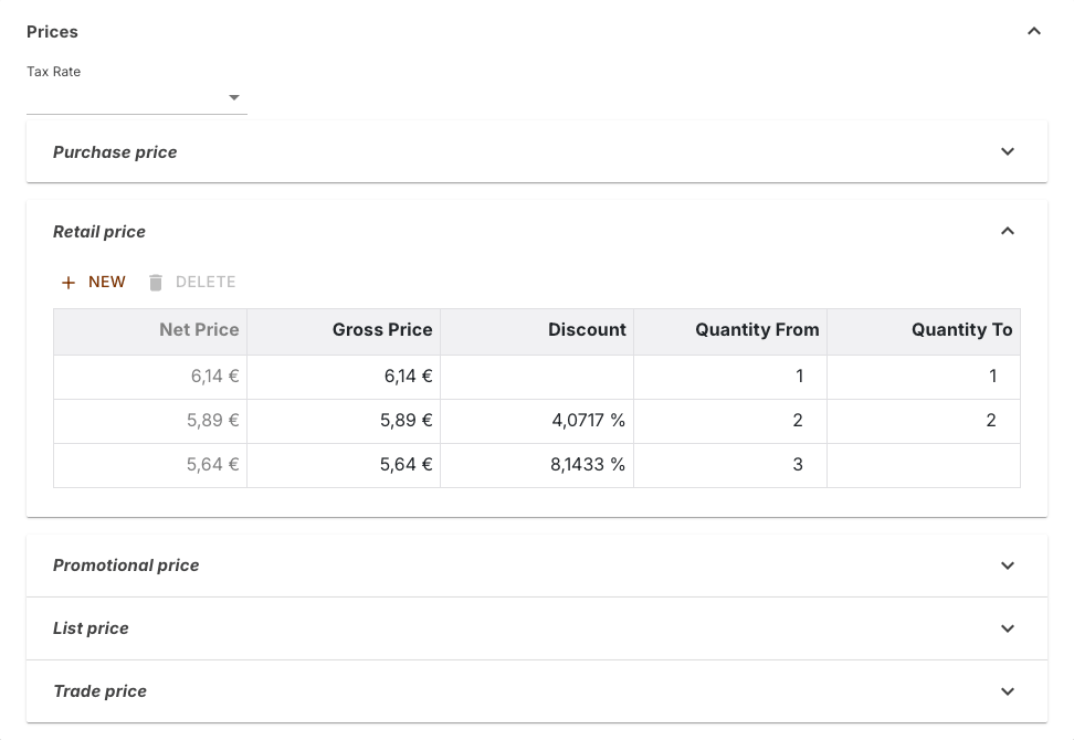 Prices section with a tax rate set and one expanded scale price