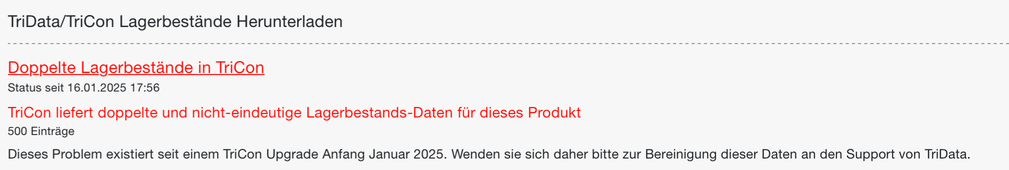 Status-Mail mit dem Fehler Doppelte Lagerbestände in TriCon für 500 Einträge